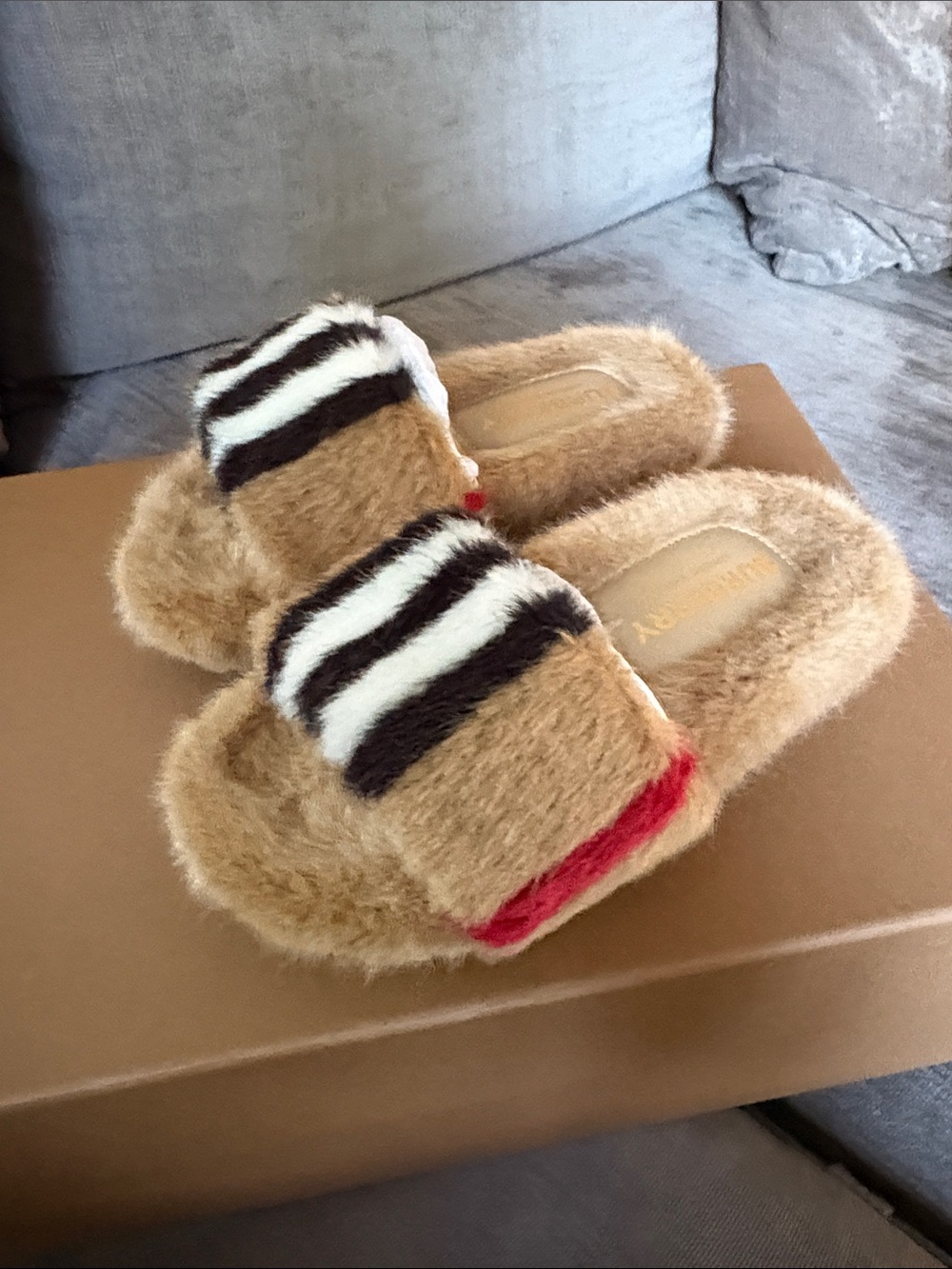Burberry Kids Furry Slide Sandals in Tan, Black, White & Red